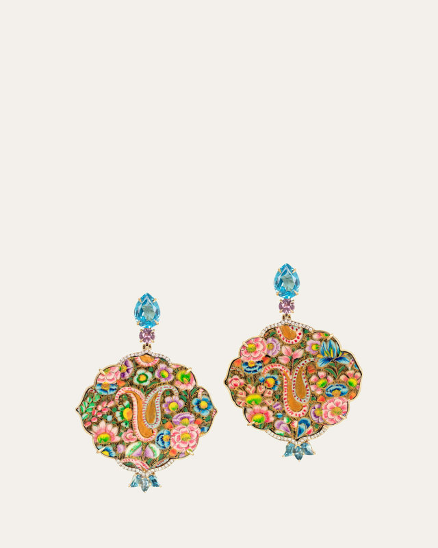 Papier Mache Earrings with Pink Sapphires, Diamonds and Blue Topaz